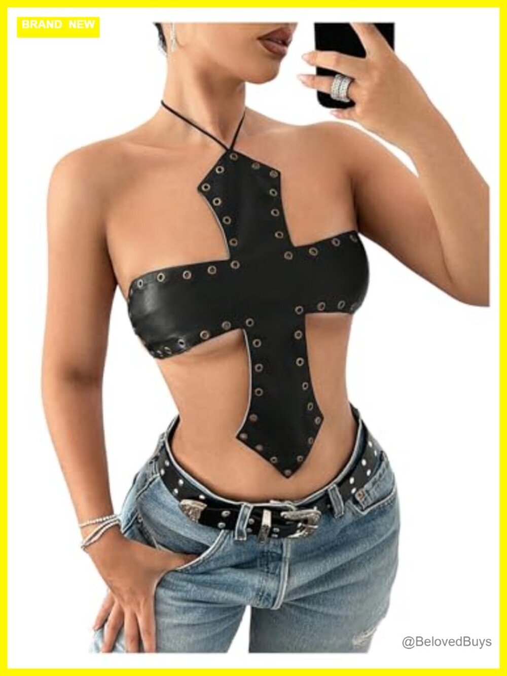 Faux Leather Halter Top Sleeveless Open Back Tank